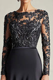 Preto brilhante A-Line mangas compridas cetim longo mãe da noiva vestido com apliques de renda