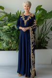Bainha Marinha Mangas Longas Chiffon Vestido Longo Mãe da Noiva com Bordado