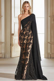 Renda preta um ombro bainha longa mãe do vestido da noiva