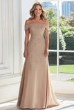 Taupe Lace Applique Bainha Fora do Ombro Mãe do Vestido da Noiva