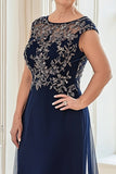 Navy Bainha Barco Pescoço Renda Appliqued Long Mother Of The Bride Dress