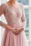 Uma linha Blush Boat Neck Mangas Longas Tulle Long Mother Of The Bride Dress