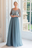 Queen Anne Dusty Blue Uma linha de mangas compridas Mãe do vestido da noiva