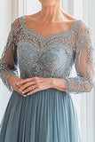 Queen Anne Dusty Blue Uma linha de mangas compridas Mãe do vestido da noiva