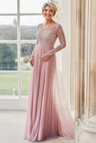 Elegante Blush Boat Neck Applique Bainha Longa Mãe da Noiva com Mangas Longas