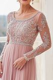 Elegante Blush Boat Neck Applique Bainha Longa Mãe da Noiva com Mangas Longas