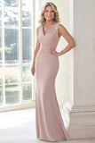 Elegante Taupe V-neck Applique Bainha Matte Satin Long Mãe da Noiva