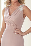 Elegante Taupe V-neck Applique Bainha Matte Satin Long Mãe da Noiva