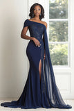 Elegante Marinha Um Ombro Sereia Applique Chiffon Long Mãe da Noiva com Cabo