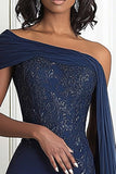 Elegante Marinha Um Ombro Sereia Applique Chiffon Long Mãe da Noiva com Cabo