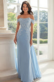 Elegante Céu Azul Fora do Ombro Chiffon Bainha Longa Mãe da Noiva com Apliques de Renda