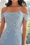 Elegante Céu Azul Fora do Ombro Chiffon Bainha Longa Mãe da Noiva com Apliques de Renda