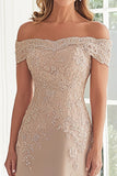Taupe elegante fora do ombro Chiffon bainha longa mãe da noiva com apliques de renda