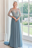 Elegante Dusty Blue Scoop Tulle Applique A-Line Long Mãe da Noiva