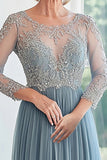 Elegante Dusty Blue Scoop Tulle Applique A-Line Long Mãe da Noiva