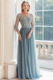 Elegante Dusty Blue Scoop A-Line Tule Longa Mãe da Noiva com Missangas