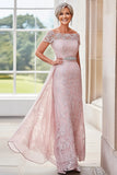 Blush elegante fora da coluna de ombro Renda longa mãe da noiva com strass