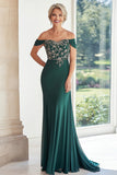 Elegante Verde Escuro Fora da Bainha do Ombro Chiffon Long Mãe da Noiva com Bordado