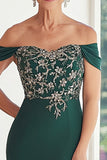 Elegante Verde Escuro Fora da Bainha do Ombro Chiffon Long Mãe da Noiva com Bordado