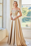 Champanhe elegante fora do ombro A-Line Matte Satin Long Mother of the Bride com bordado