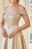Champanhe elegante fora do ombro A-Line Matte Satin Long Mother of the Bride com bordado