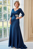 Marinha V-Neck Cetim Bordado Ruched Mãe do Vestido da Noiva