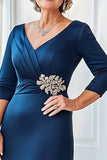 Marinha V-Neck Cetim Bordado Ruched Mãe do Vestido da Noiva