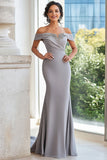 Matte Satin Cinza Fora do Ombro Bordado Bainha Mãe do Vestido da Noiva