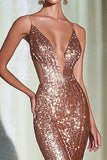 Ouro Rosa Sequins Sereia Deep V-Neck Vestido Formal