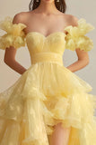 Yellow Boat Collar mangas curtas Organza vestido formal com Big A Hem