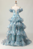 Azul Floral Fora do Ombro Uma Linha Vestido de Baile de Formatura com Babados