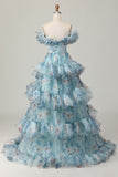 Azul Floral Fora do Ombro Uma Linha Vestido de Baile de Formatura com Babados