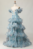 Azul Floral Fora do Ombro Uma Linha Vestido de Baile de Formatura com Babados