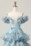 Azul Floral Uma Linha Fora do Ombro Vestido de Baile de Formatura com Babados