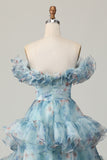 Azul Floral Uma Linha Fora do Ombro Vestido de Baile de Formatura com Babados