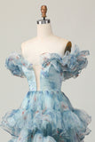 Azul Floral Uma Linha Fora do Ombro Vestido de Baile de Formatura com Babados
