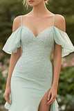 Mint Chiffon Ombro Frio Appliques Ruffle Prom Dress com Fenda