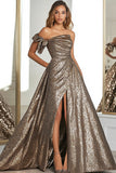 Tecido Gold Glitter Uma Linha Um Ombro Plissado Vestido de Baile com Fenda