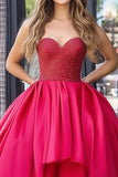 Tafetá Vermelho Uma Linha High-Low Length Strapless Prom Dress com Missangas