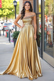 Brilhante dourado metálico um ombro uma linha plissado longo vestido de baile