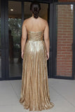 Vestido de Baile de finalistas pregueado em ouro metálico, pregueado em linha A, mais size
