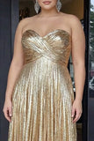 Vestido de Baile de finalistas pregueado em ouro metálico, pregueado em linha A, mais size