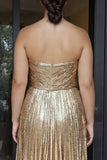 Vestido de Baile de finalistas pregueado em ouro metálico, pregueado em linha A, mais size