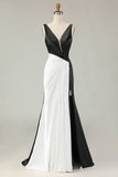 Preto Branco Bainha Deep V Neck Long Gala Dress