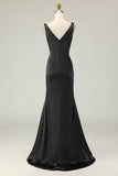 Preto Branco Bainha Deep V Neck Long Gala Dress