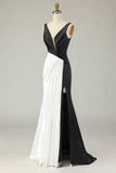 Preto Branco Bainha Deep V Neck Long Gala Dress
