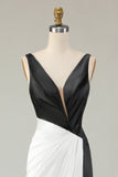 Preto Branco Bainha Deep V Neck Long Gala Dress