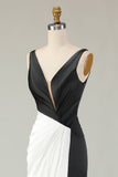 Preto Branco Bainha Deep V Neck Long Gala Dress