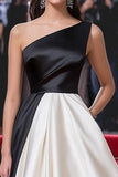 Preto &Branco Uma Linha Ruched Um Ombro Longo Vestido de Gala