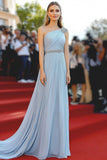 Céu Azul Um Ombro Uma Linha Chiffon Beaded Gala Dress